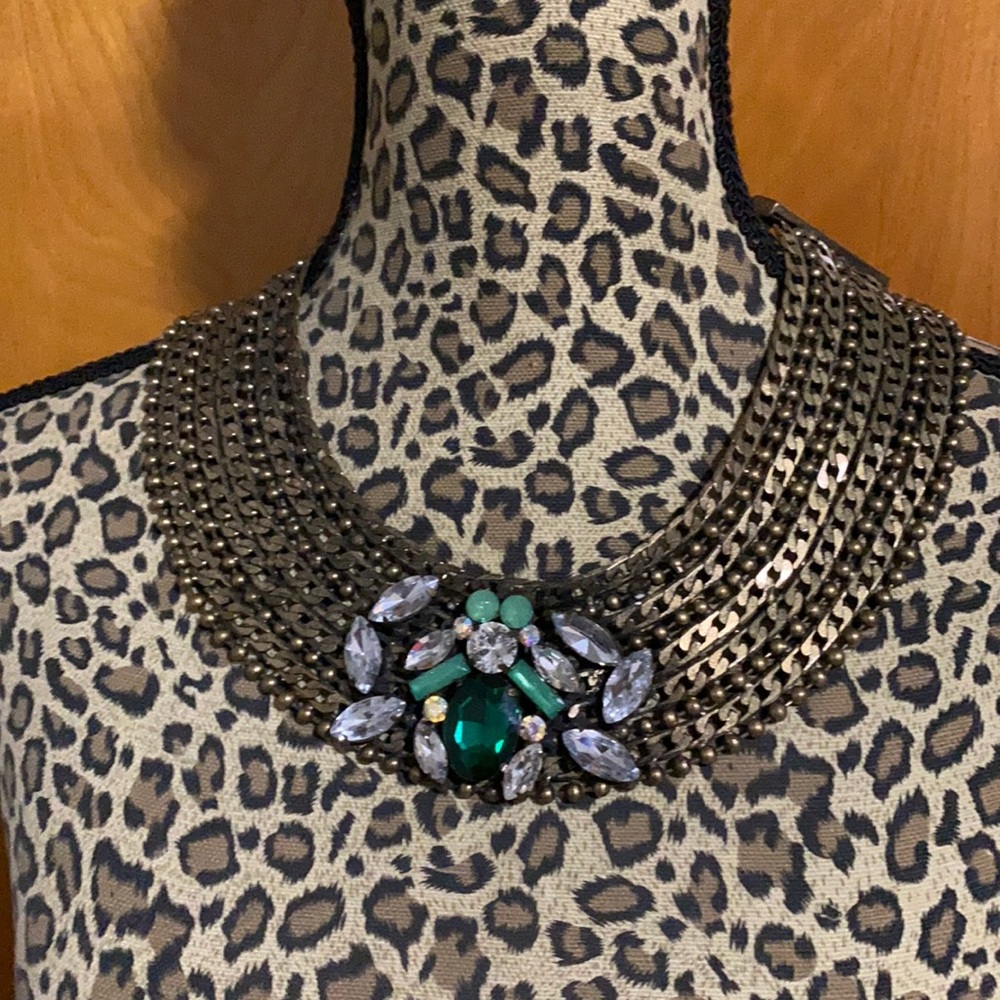 Vintage Old Hollywood: Brass / Faux Jewel (emerald, diamond and jade) necklace